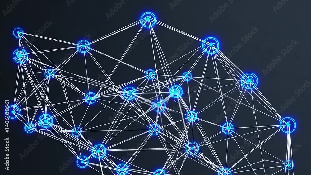 Poster glowing blue neural network nodes interconnecting with white lines, dynamically rotating and evolvin