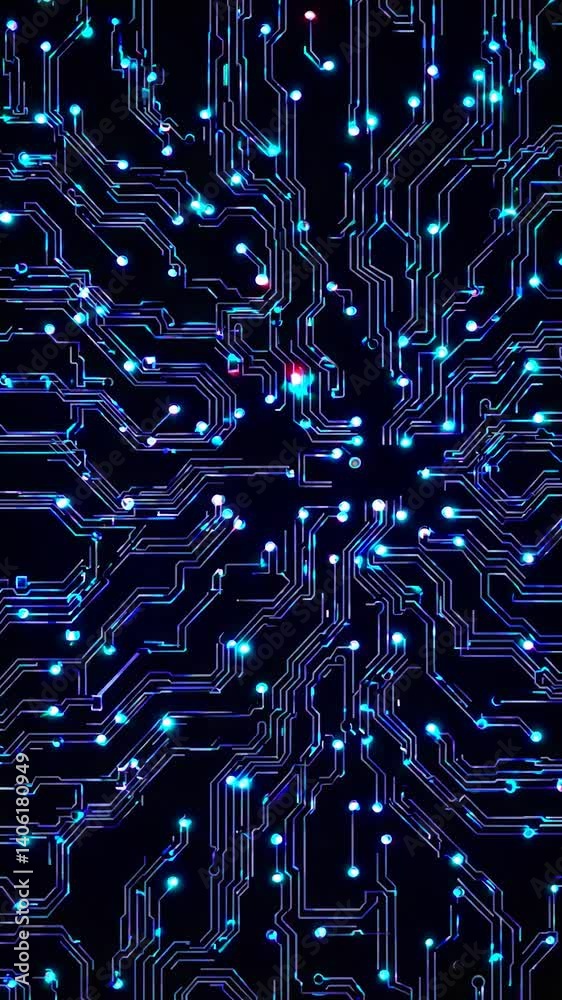 Poster complex electronic circuit board design with flowing data streams, illuminating nodes and pathways, 
