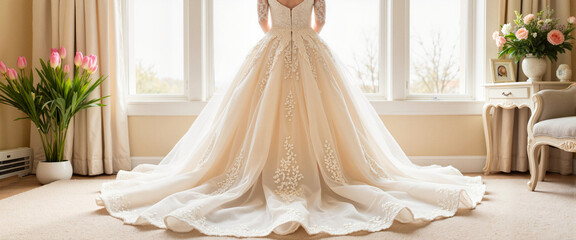 Elegant bridal gown in serene suite with floral decor, wedding inspiration