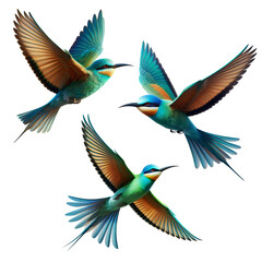 Fototapeta premium A set of Blue-cheeked Bee-eaters flying, isolated on a transparent background (300 DPI)