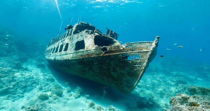 Enchanting underwater exploration of sunken shipwreck and vibrant marine life