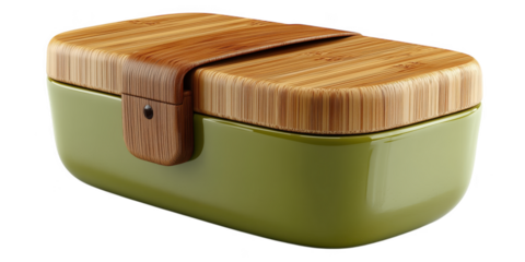 Stylish green bento box with a bamboo lid, eco-friendly and modern design