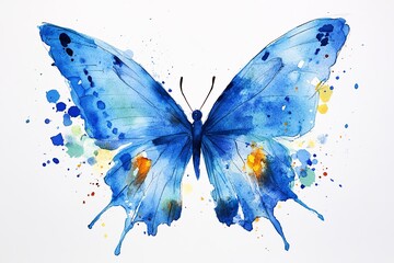 Watercolor painting of a blue butterfly with splatters on a white background artistic design style