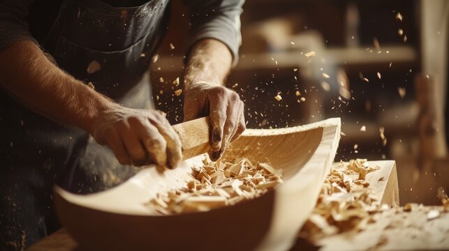 Carpenter shaping a wooden chair for custom furniture. Featuring woodworking and custom design