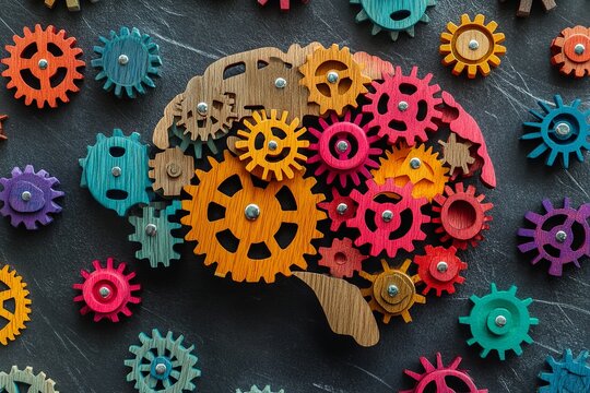 Overhead view of a brain shape filled with colorful gears on a dark textured surface arrangement concept