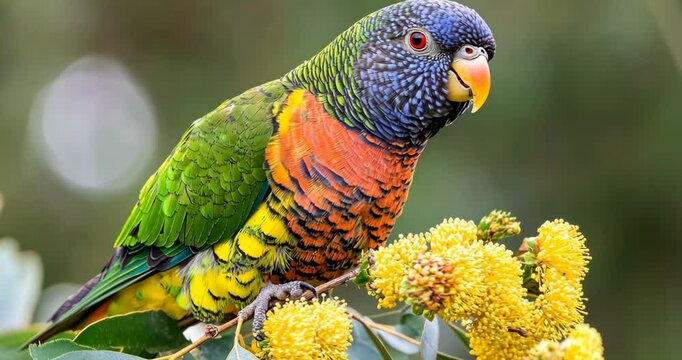 Vibrant parrot perched on blossoming branch during tranquil daytime in lush greenery