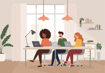  Coworking Space with People on Laptops &ndash; Flat Vector Scene