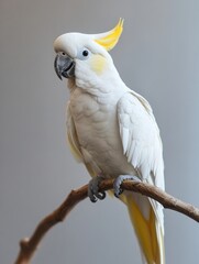 White cockatoo with yellow crest perched calmly on branch in a clean studio environment