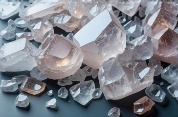 Translucent crystals, possibly quartz, in soft pink, white, and brown shades are scattered on a dark surface. Light reflects from their geometric facets.
