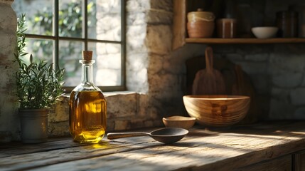 The iron spoon and olive oil on the wooden counter