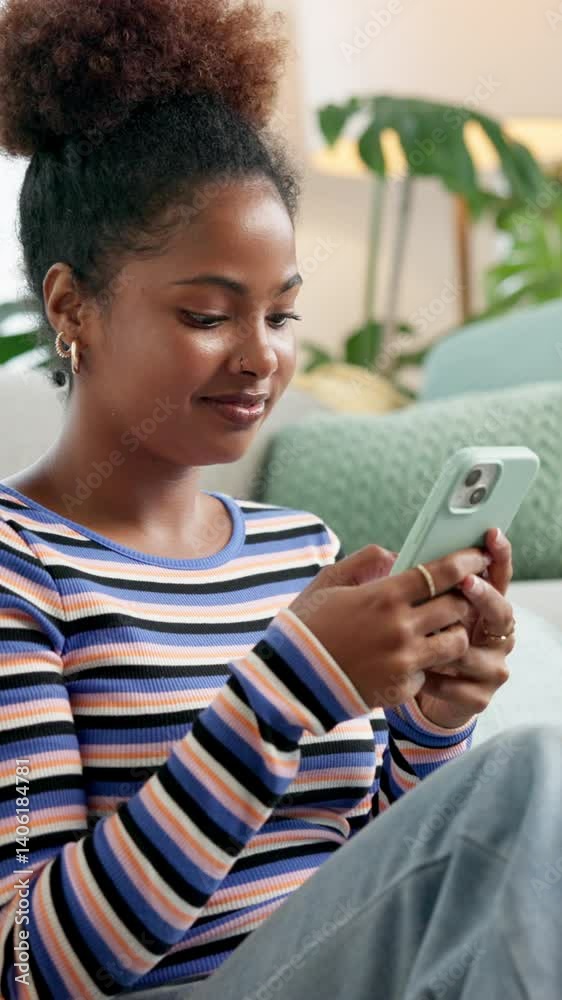Aufkleber chatting, phone and smile of woman on sofa in living room of home for app or social media browsing. 