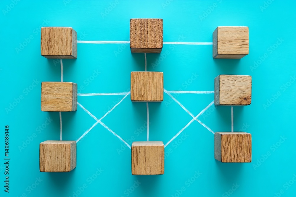 Poster wooden blocks connected by string on a blue background forming a network like structure from above v
