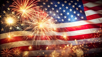 Fourth of july fireworks over american flag