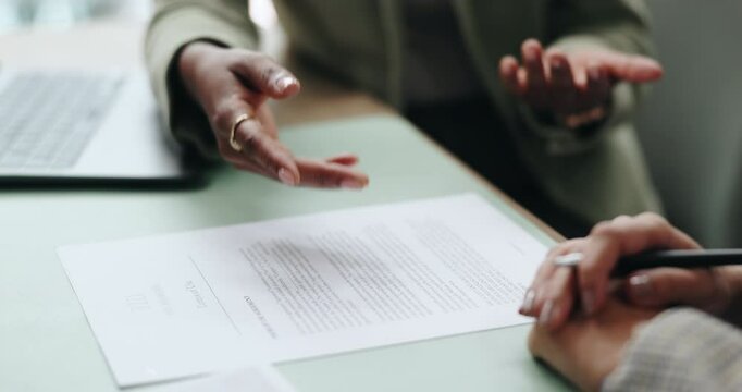 Advice, contract and hands of business people in office for review of data or report. Information, paper or pen with client and consultant in workplace for banking, finance or investment closeup