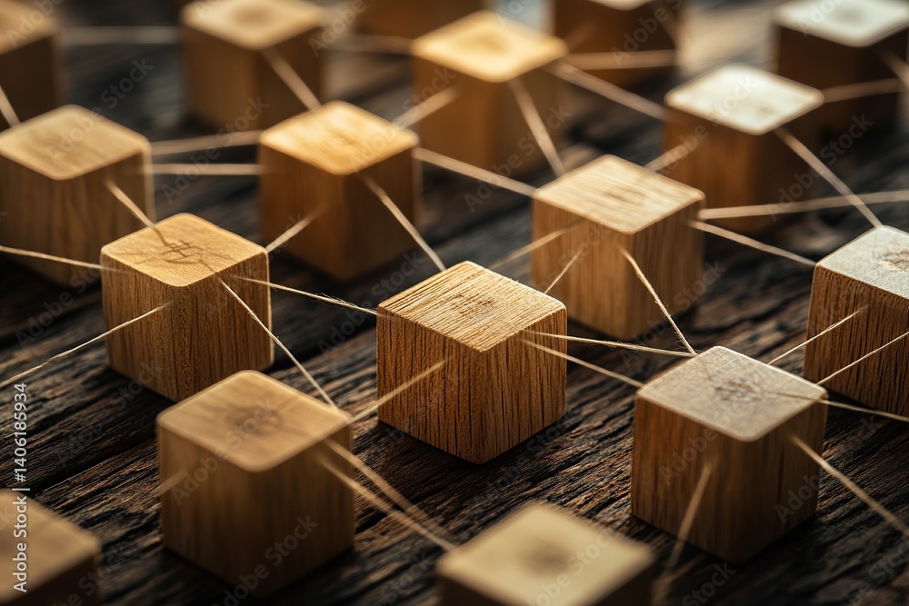 Poster wooden cubes connected by strings forming a network on a wooden surface creating a complex structure