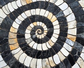 Fototapeta premium Stone Mosaic Spiral: A Serene Black, White, and Beige Artwork