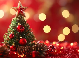 Obraz premium Festive Miniature Christmas Tree with Red Ornaments and Warm Glow