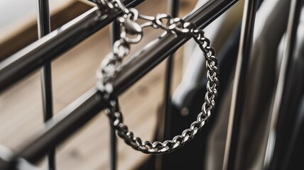 Photorealistic image of a silver bracelet on a clothing rack