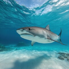 Naklejka premium Tiger shark swimming symmetrically with natural lighting and balanced composition