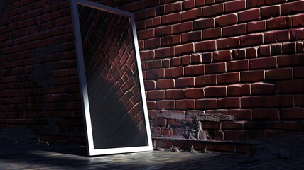 Photorealistic image of a mirror leaning against brick wall