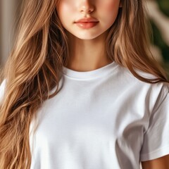 Youthful Girl's Portrait: Soft Light, Simple White Tee, Long Brown Hair
