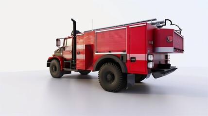 Photorealistic image of a fire truck on a white background