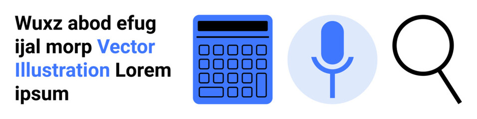 Blue calculator, microphone, and magnifying glass icons for computation, communication, and searching concepts. Ideal for education, technology, business, research user interface digital tools
