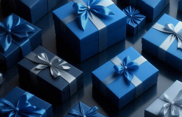 Many shades of blue gift boxes with silver ribbons and bows arranged on a dark surface.  A celebratory, luxurious feel.