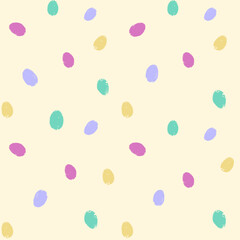 Miniature colorful Easter egg drawings creating a lively dotted pattern on a soft yellow background