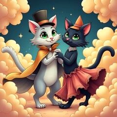 The cat in a hat and a cloak dances with a cat in a skirt at the ball.