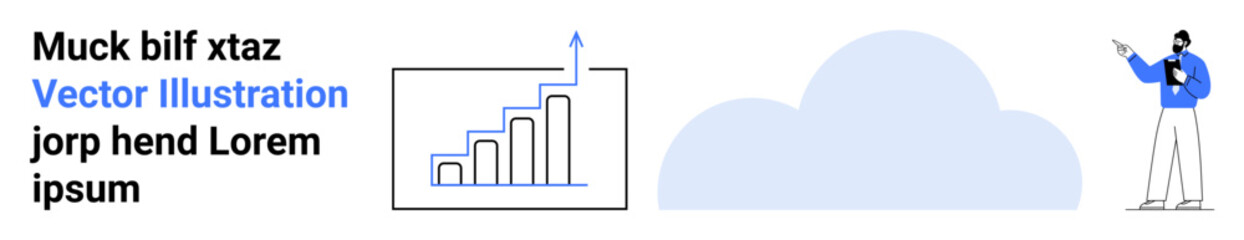 Businessman presenting an upward graph with a cloud graphic in the background. Ideal for analytics, business success, education, cloud computing, planning, presentations, and a simple landing page