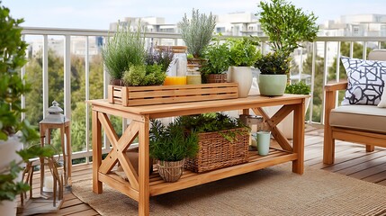 Fototapeta premium Wooden Outdoor Patio Table with Potted Plants Balcony Garden Decor