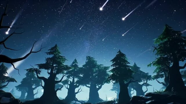 A Magical Night Under the Stars: Stunning Visuals of Shooting Stars Decorating the Twilight Sky with Mystical Forest Backdrop for Enchanting Experiences