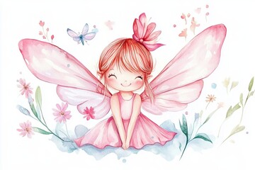 Watercolor illustration of a pink fairy with wings and flowers on a white background art print