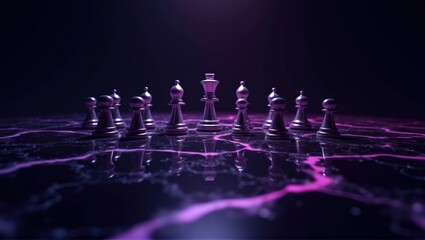 A dramatic close-up of a chessboard with white chess pieces in a strategic formation, illuminated by purple lighting, creating an intense, mysterious atmosphere. Generative, AI,