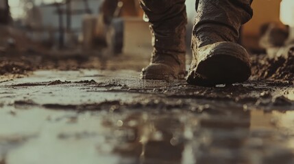 Construction worker laying cement on a foundation. Featuring cement work