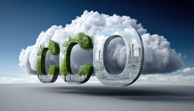 A surreal landscape featuring the letters "CCO" with greenery and urban imagery, set against a backdrop of clouds, symbolizing environmental and industrial themes.