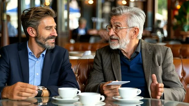 Men discuss business, cafe, city background, meeting