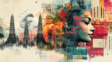 Fototapeta premium Abstract digital painting featuring asian cultural elements and female portrait