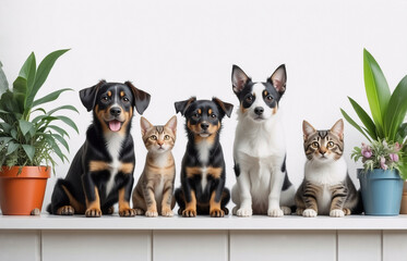 Obraz premium A group of dogs and cats sit side-by-side on a white surface, flanked by potted plants creating a harmonious and adorable animal gathering.
