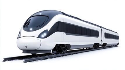 Fototapeta premium Modern High-Speed Train on Tracks with Streamlined Design and Futuristic Appearance in Isolated Background