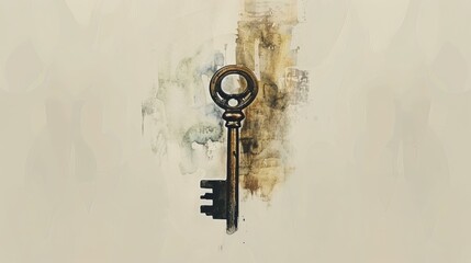 Elegant antique skeleton key watercolor painting in neutral tones, showcasing vintage charm and artistic detail for creative design projects