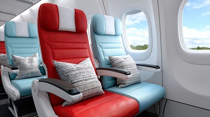 Modern Airplane Seats Red and Blue Comfortable Airline Interior Overhead Compartment Window View