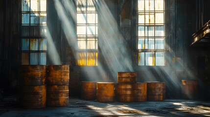 Rusty oil drums and light beams in abandoned factories