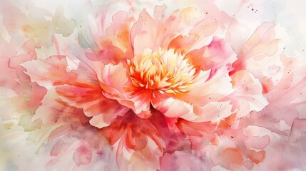 Elegant Watercolor Painting of a Pink Peony Flower in Full Bloom with Detailed Petals and Delicate Brushstrokes