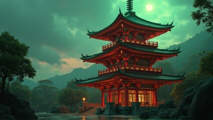 Naklejka premium A serene view of a traditional Asian pagoda lit with warm orange lights at dusk, surrounded by trees and mist, evoking a peaceful and mystical atmosphere. Generative, AI,