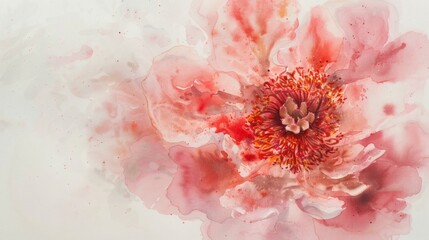 Watercolor Painting of a Pink Peony Flower in Full Bloom with Delicate Petals and an Intricate Center Detail