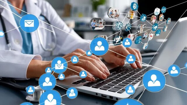 Digital Healthcare Connections: A skilled medical professional at a computer, navigating a complex digital network, symbolizes the advancements in modern medical. 