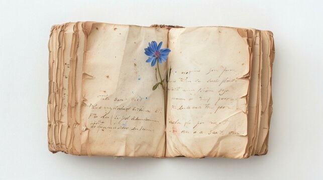 Aged Open Book Displaying Handscript Pages with Blue Flower Pressed Between, Illustrating Antique Aesthetics and Faded Text