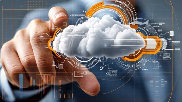Cloud Computing: A hand points to a stylized cloud symbol, representing the power and potential of cloud computing technology.